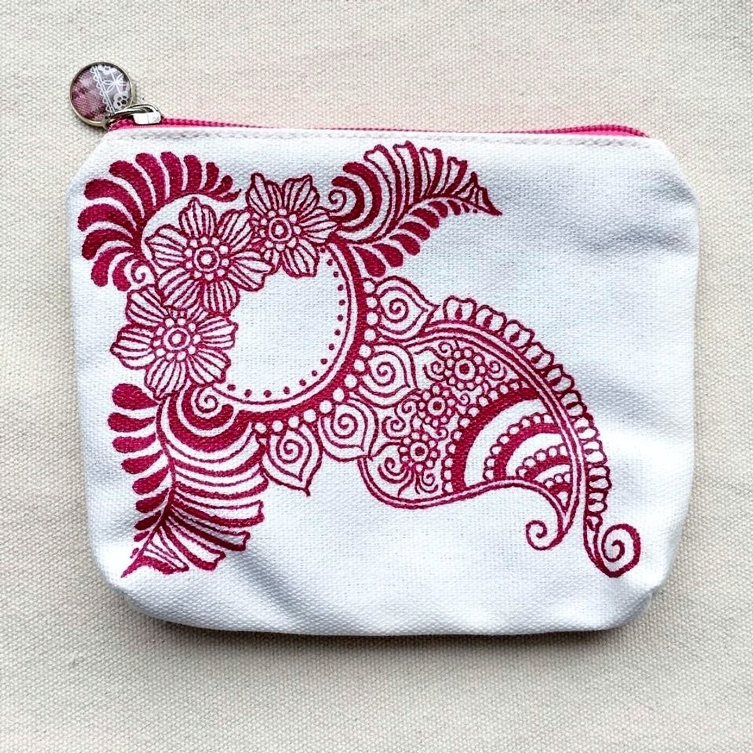 手绘化妆包 零钱包 杂物包 收纳包 小物包 收纳袋 玫红 拉链 Henna Mandala 设计 彩绘 汉娜 蔓蒂 曼陀罗 禅绕 民族 印度彩绘 帆布 - 化妆包/杂物包 - 其他材质 红色