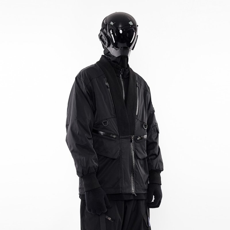 机能道袍 冲锋风衣外套 中式和服 防水户外多袋工装夹克 - 男装外套 - 聚酯纤维 黑色