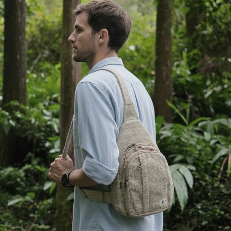 100%hemp多夹层斜背包 胸前防盗包_男女通用 _公平贸易 - 侧背包/斜挎包 - 棉．麻 卡其色