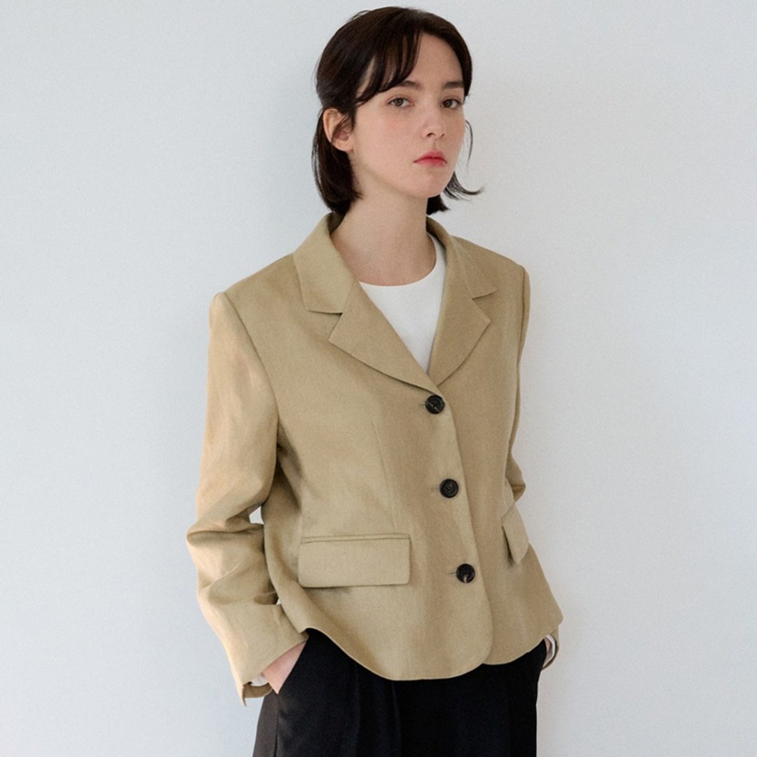 Korea sisterhood, Basic Linen Jacket Short - Khaki - 女装休闲/机能外套 - 棉 卡其色