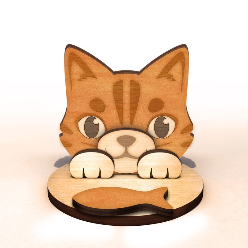 橘猫手工木制手机/平板座/名片座+集线memo夹,定制刻字 - 手机座/防尘塞 - 木头 咖啡色