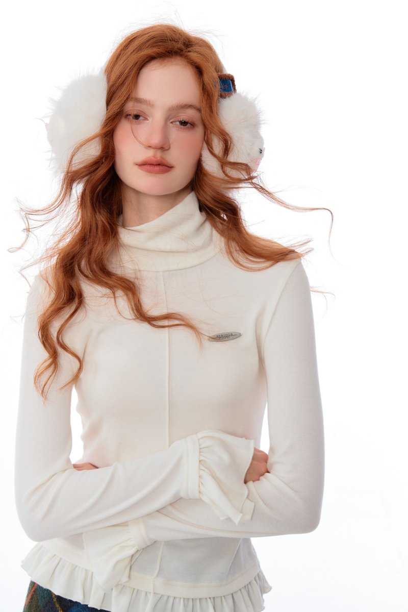 ziziFei秋冬美式复古设计感荷叶边高领上衣修身显瘦针织打底衫女 - 女装上衣 - 其他材质 