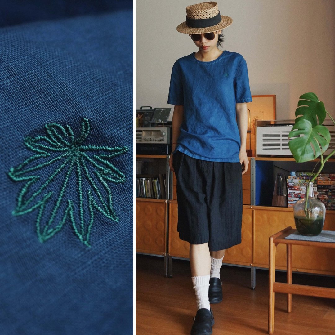 綠葉 中性 夏日薄款亞麻棉短袖T恤 indigo環保植物藍靛染上衣 - 女装 T 恤 - 棉 蓝色