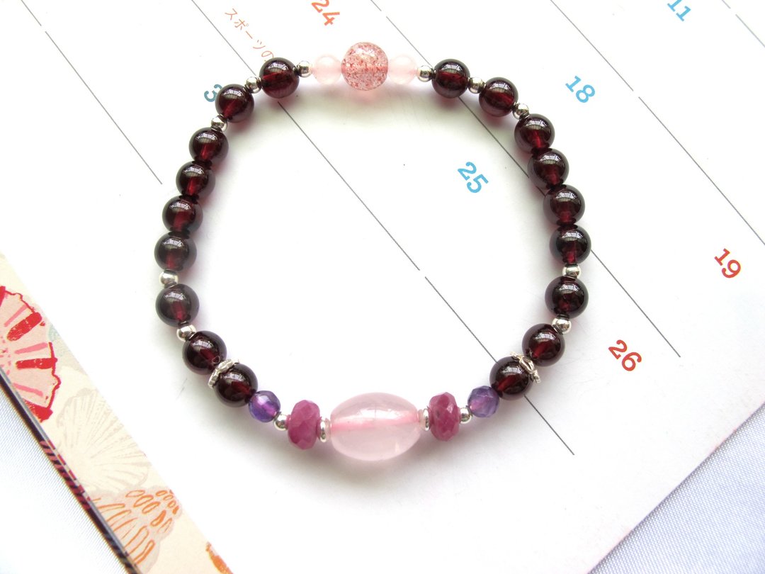粉晶 紫水晶 石榴石 红宝石 草莓晶 925纯银饰【祥和】改善妇科 - 手链/手环 - 水晶 红色