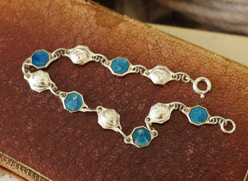 古董法国圣母信仰教堂十字架耶稣基督玫瑰手链BR281 - 手链/手环 - 其他金属 银色