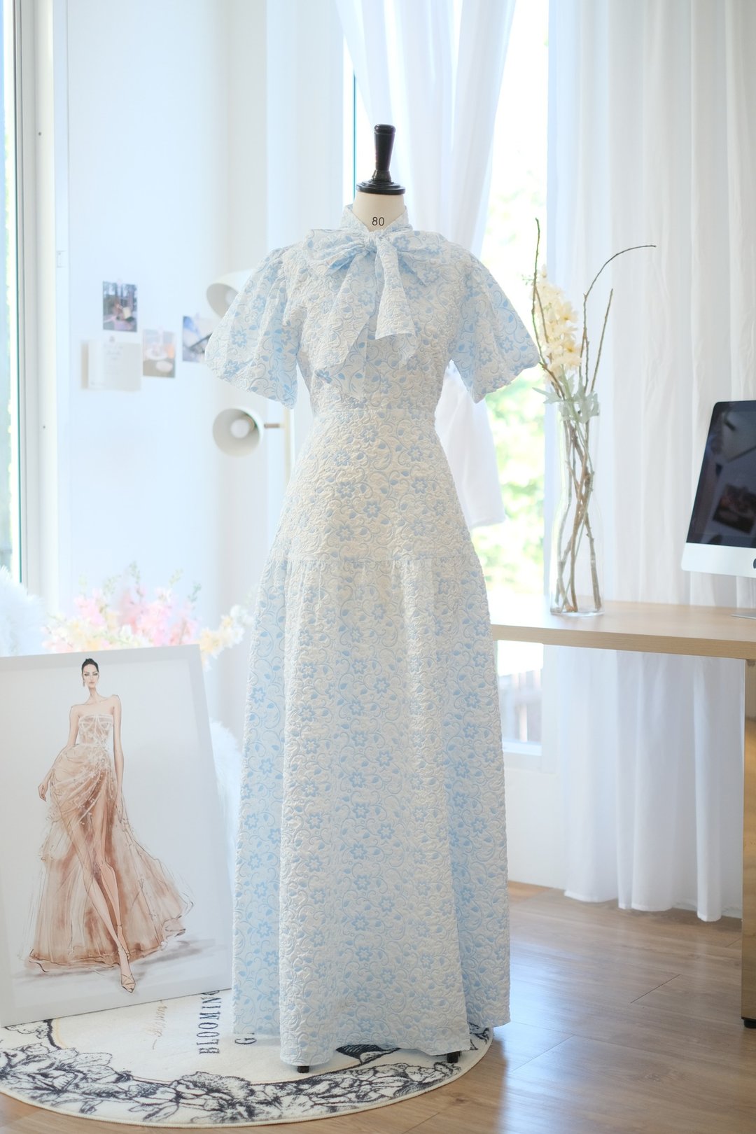 长洋装 泡泡袖 伴娘服 复古洋装 - 洋装/连衣裙 - 聚酯纤维 蓝色