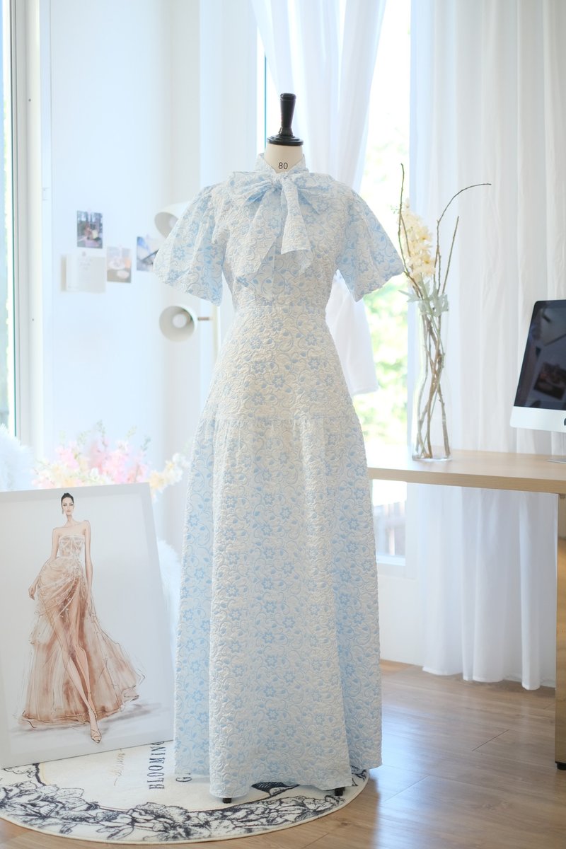 长洋装 泡泡袖 伴娘服 复古洋装 - 洋装/连衣裙 - 聚酯纤维 蓝色