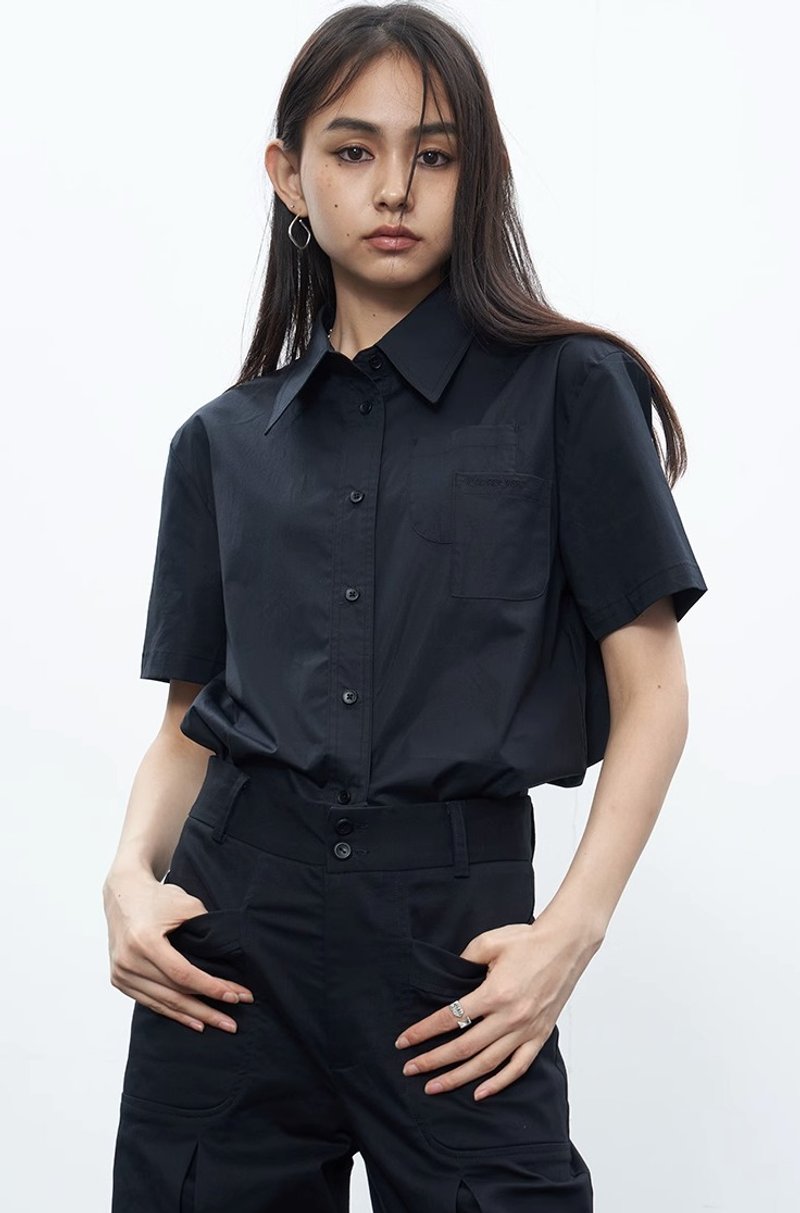 EXTERNALIZE 双层叠袋衬衫短袖 - 女装衬衫 - 棉．麻 黑色