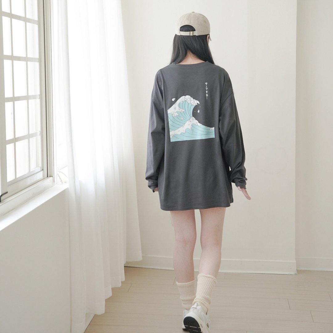 麻糬兔上山下海-双面设计薄长袖over size(灰黑) - 女装 T 恤 - 棉 灰色