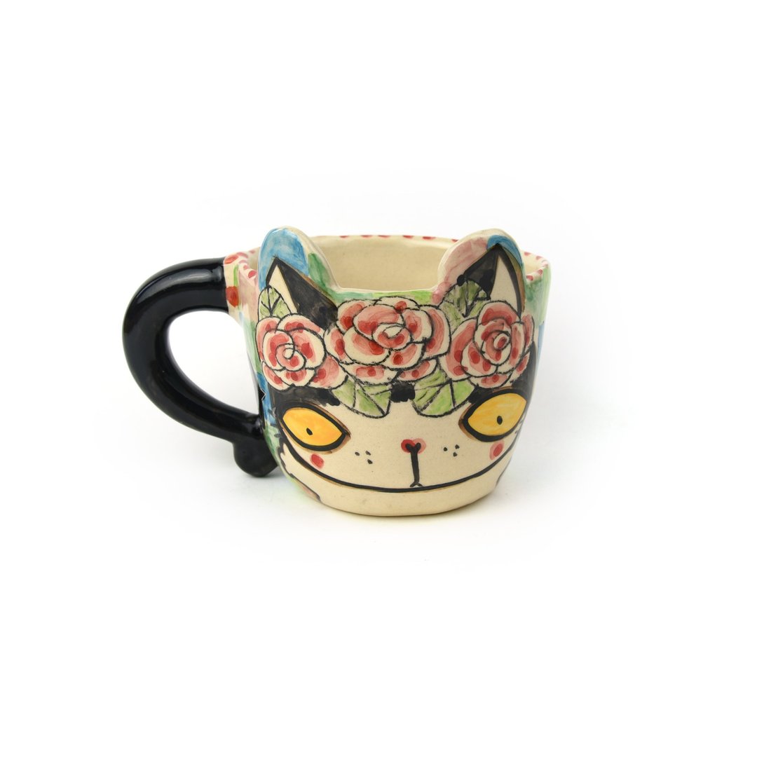 Nice Little Clay 手工大马克杯 花帽猫 0103-61 - 咖啡杯/马克杯 - 陶 白色