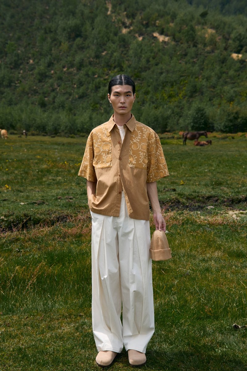 柿染拼花短袖衬衫 - 男装衬衫 - 棉．麻 