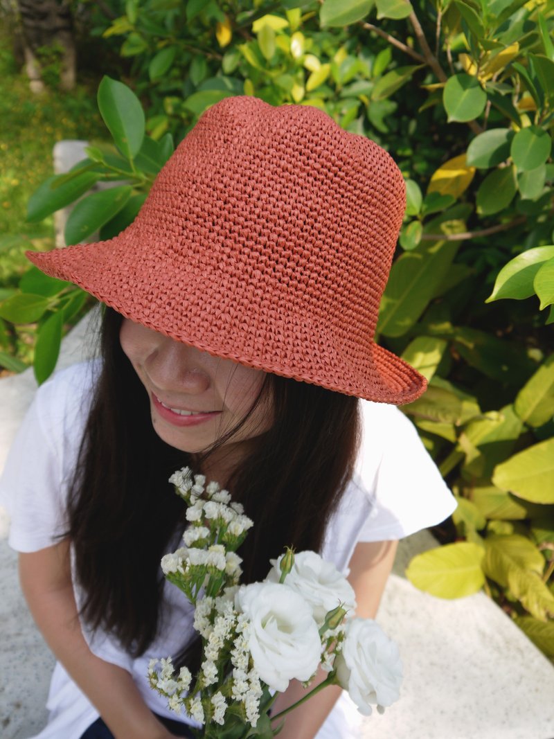 阿母の手做帽-夏日拉斐草帽-复古方形渔夫帽/复古橘/母亲节/野餐/郊游 - 帽子 - 纸 橘色