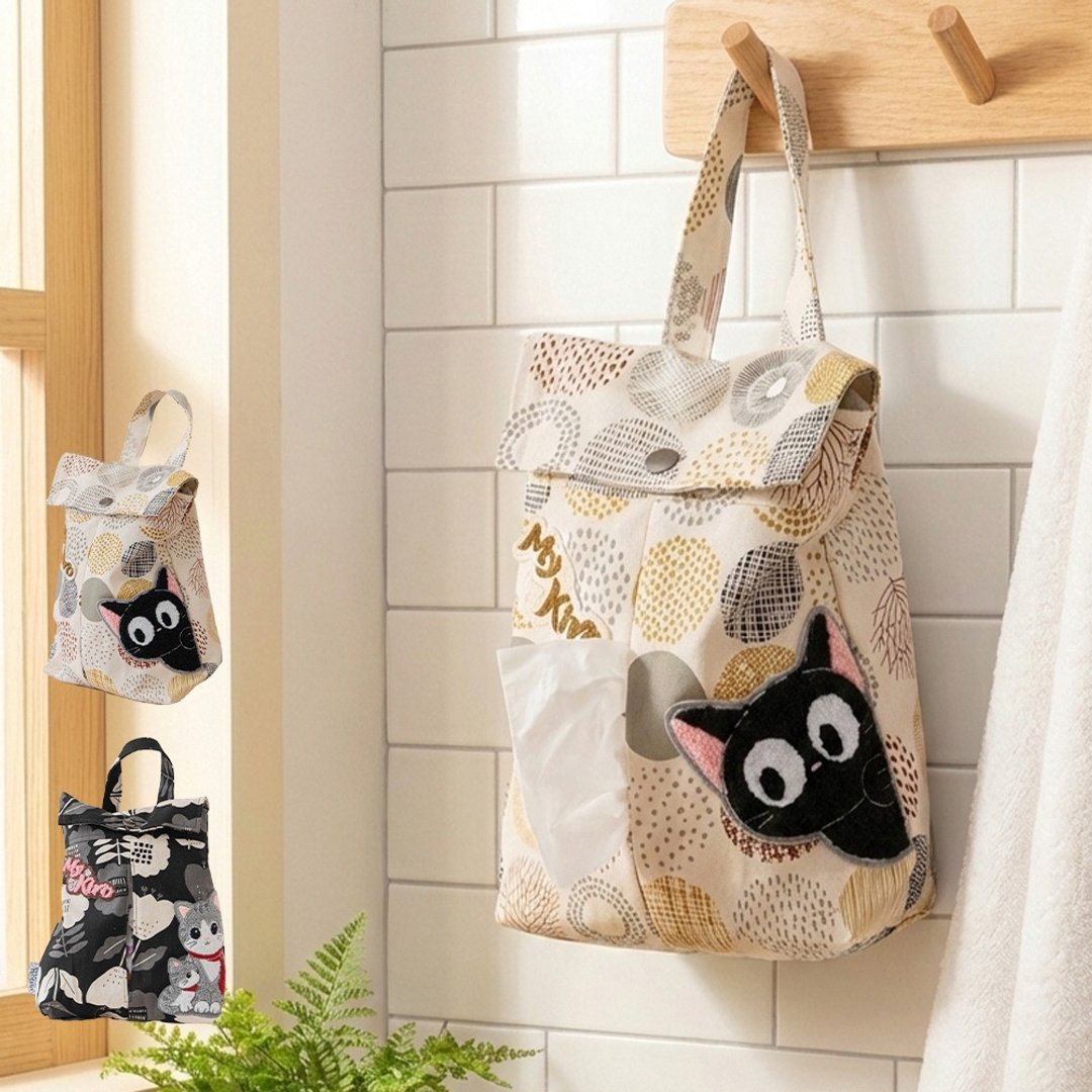 小黑猫 母子猫 印花毛巾绣 桌用 挂式 面纸套【340004】 - 收纳用品 - 棉．麻 咖啡色