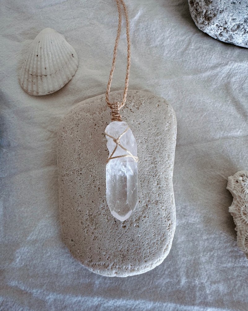 白水晶原矿蜡线编织长项链 - 项链 - 水晶 透明