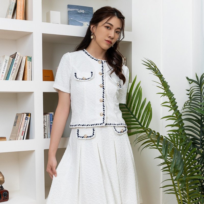 【MEDUSA】纹理小香风白色外套(M-XL) | 小香风 夹克外套 - 女装西装外套/风衣 - 聚酯纤维 白色