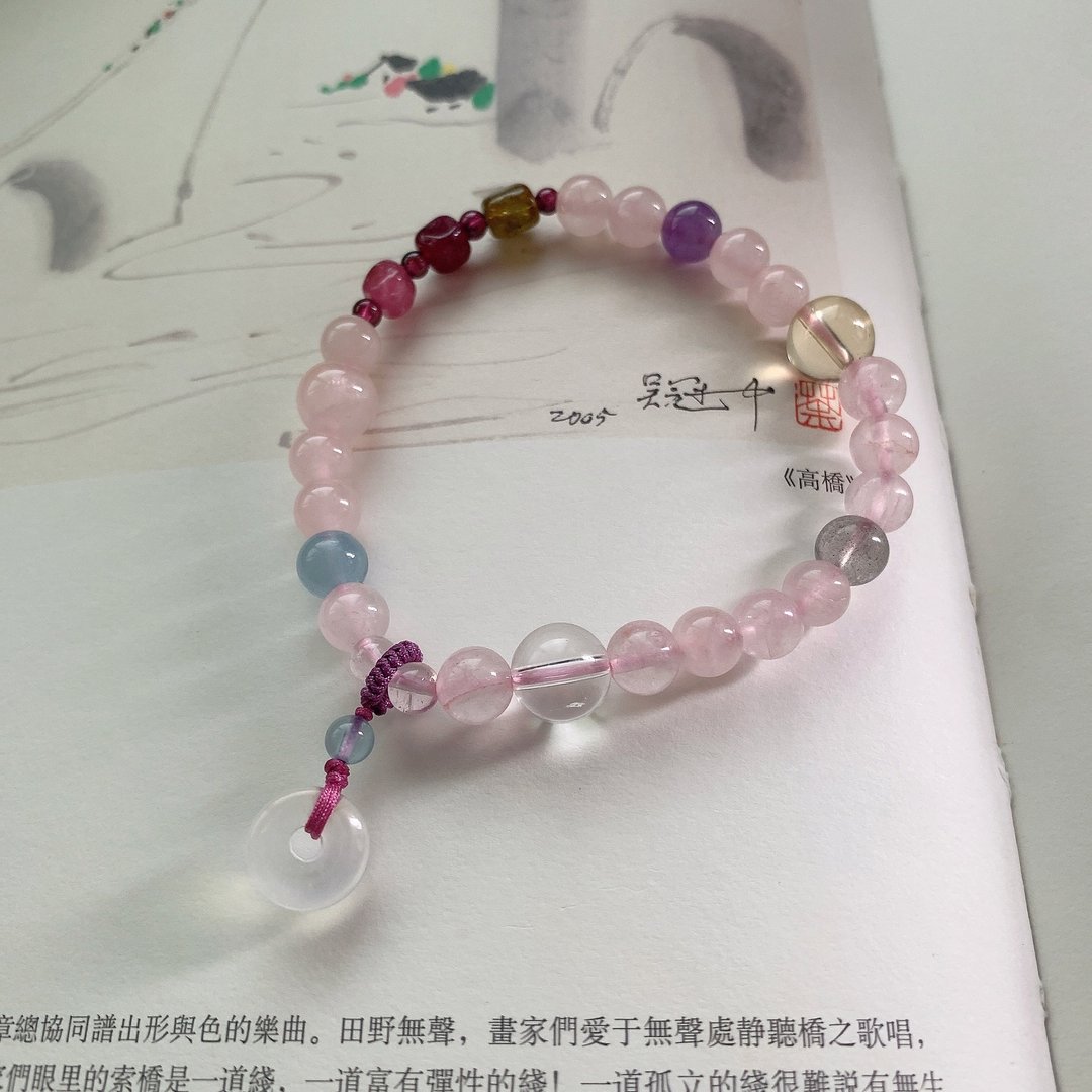 渔之期。天然碧玺粉水晶月光石小平安扣石榴石海蓝宝手链甜美文艺 - 手链/手环 - 水晶 多色