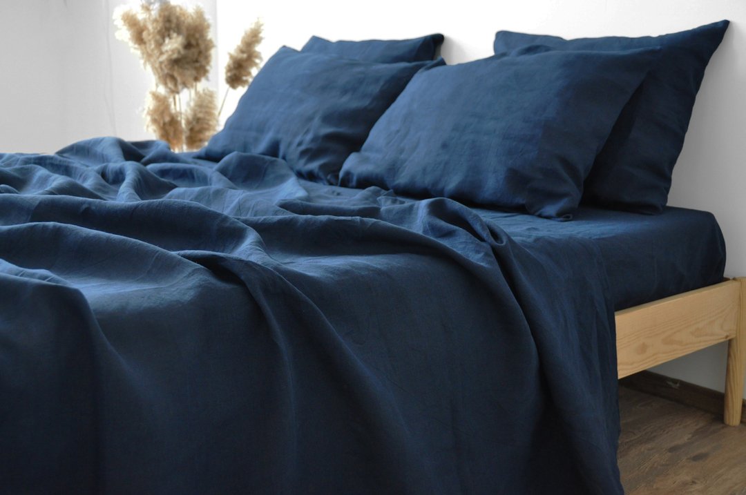Navy linen flat sheet / Linen bedsheet / Softened stonewashed linen sheet - 寝具 - 亚麻 蓝色