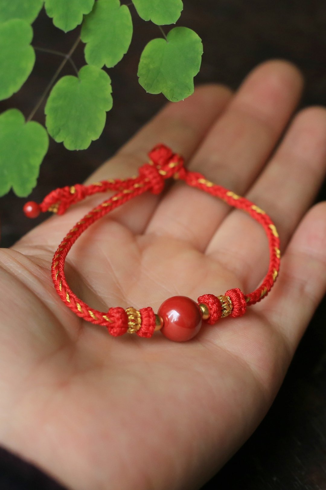 春秋手作绳编 | 新年红绳 | 高含量10mm帝王砂 沙金隔珠 | 吉祥年 - 手链/手环 - 半宝石 红色
