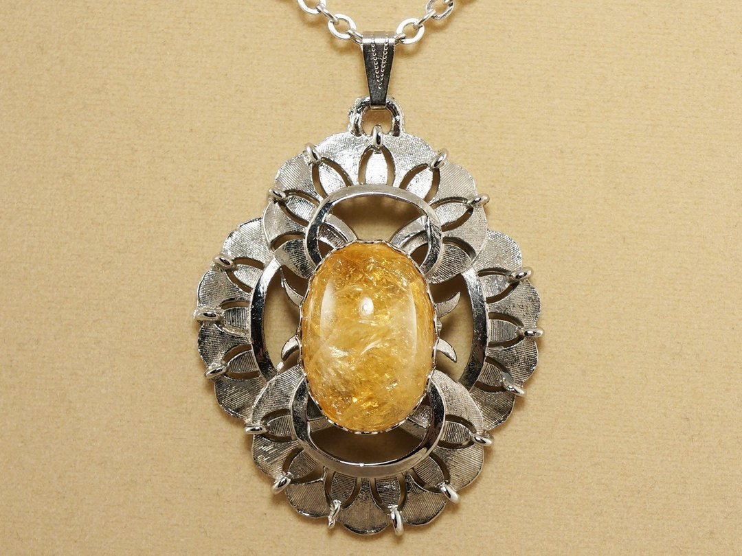 Yellow Citrine Lemon Quartz Large Silver Pendant Necklace Woman Jewelry Gift - 项链 - 半宝石 黄色