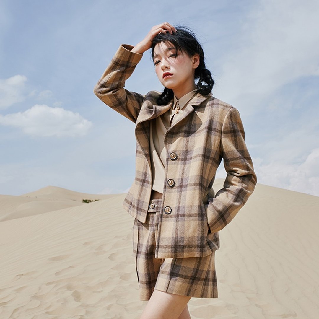 【薄款】安妮陈2019秋装新款女士上衣格子短款外套 7N416 - 女装休闲/机能外套 - 其他材质 卡其色