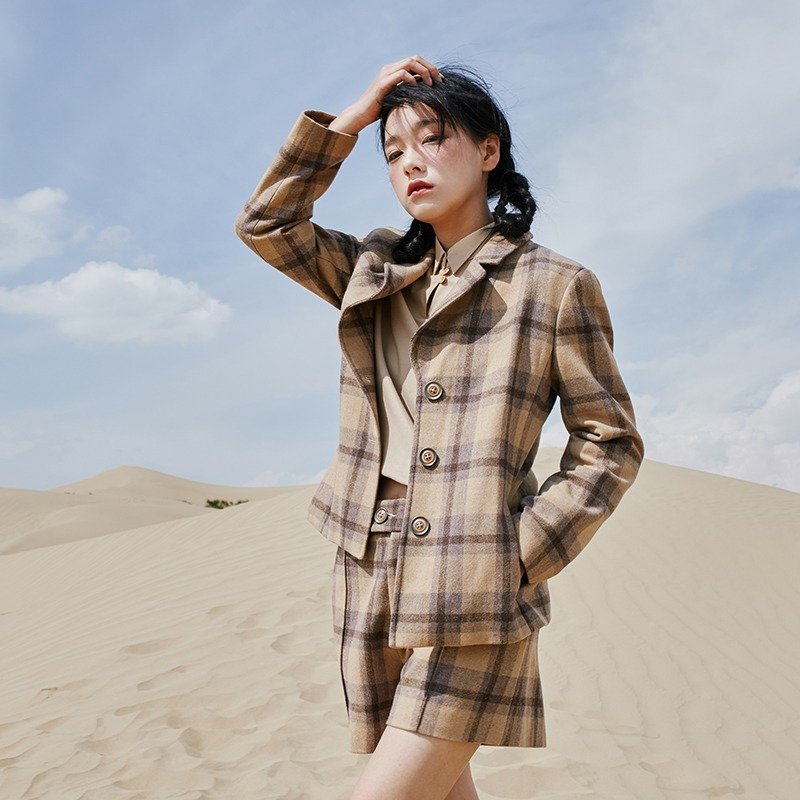 【薄款】安妮陈2019秋装新款女士上衣格子短款外套 7N416 - 女装休闲/机能外套 - 其他材质 卡其色