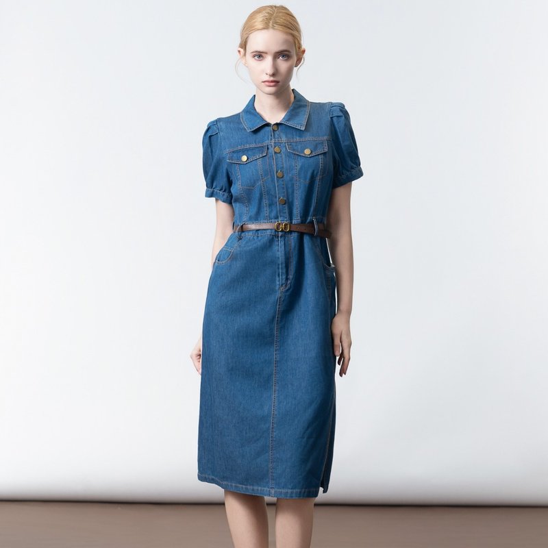 【ICare】复古翻领排扣牛仔长洋装(M-L) | 牛仔长洋装 休闲洋装 - 洋装/连衣裙 - 棉．麻 蓝色