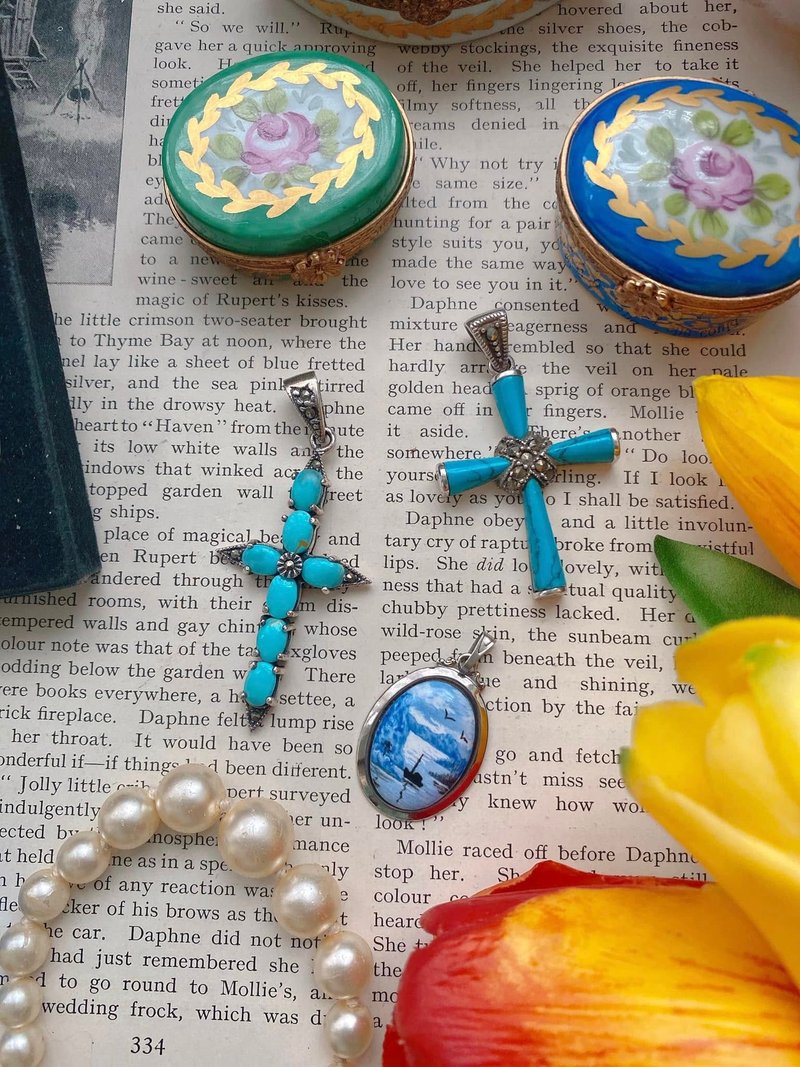 纯银十字架天然土耳其石绿松石链坠 项链吊坠古董项链十二月诞石 - 项链 - 半宝石 蓝色