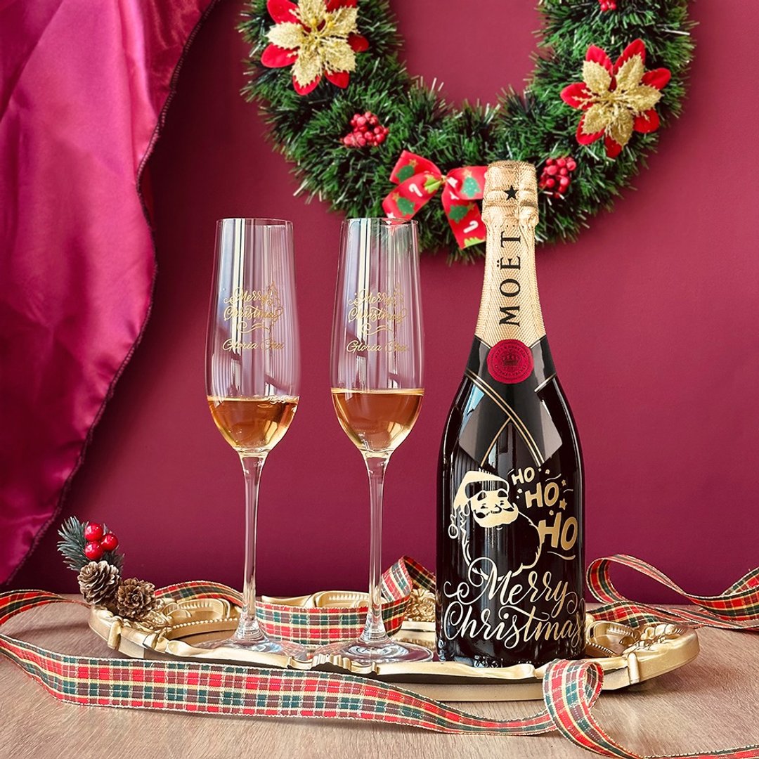 【圣诞庆祝礼盒】 Moët & Chandon香槟酒加对杯套装 定制化礼物 - 酒类 - 玻璃 