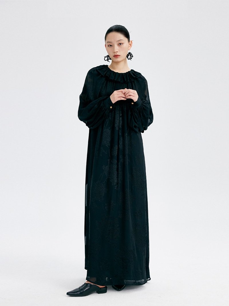 【荷叶领】新中式复古中国风 印花烧花裙 - 洋装/连衣裙 - 丝．绢 黑色