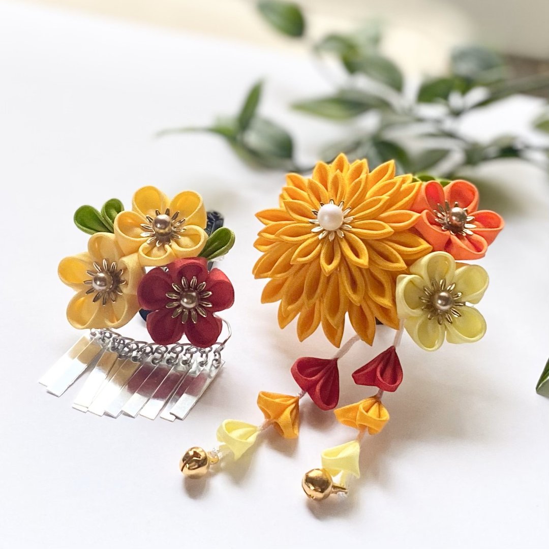 Tsumamizaiku For 3 years old red x mandarin orange color kanzashi yukata graduation ceremony graduation ceremony entrance ceremony entrance ceremony kimono - 发饰 - 丝．绢 红色