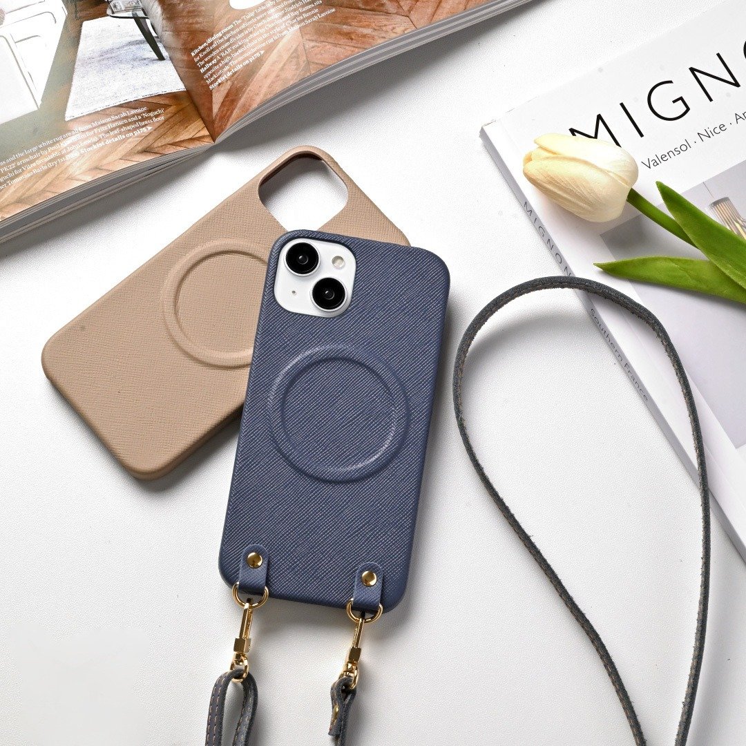 支持 MagSafe iPhone 限定手机壳【全方位 Saffiano 皮革】真皮 手机背带 MagSafe BN02K - 手机壳/手机套 - 真皮 蓝色