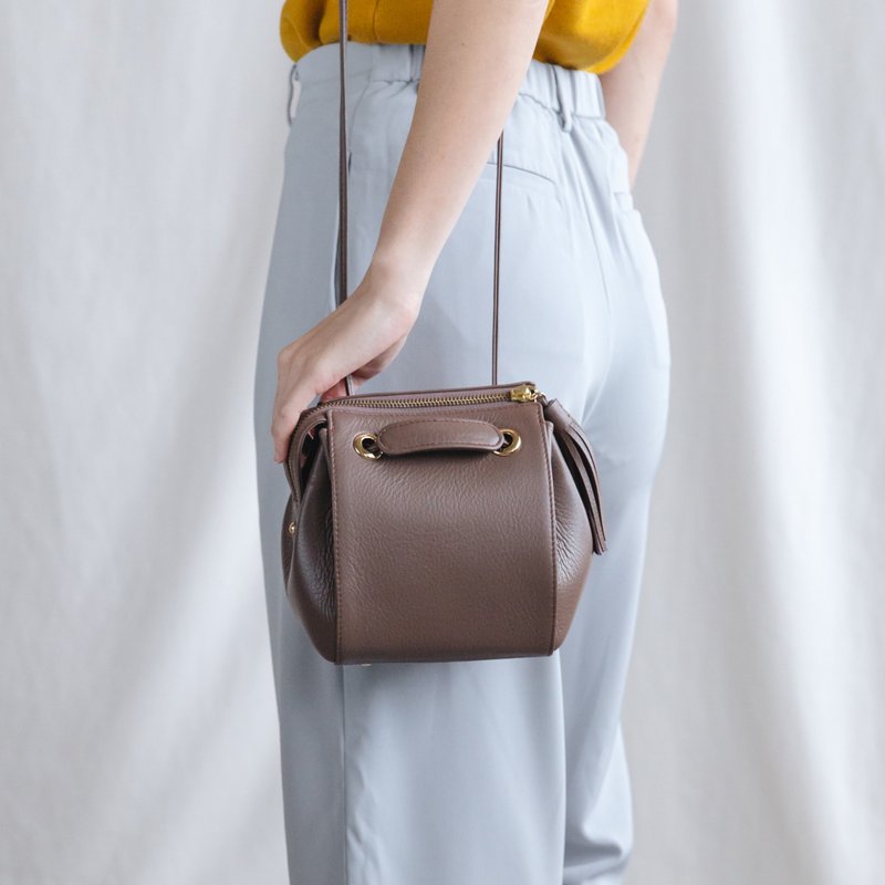 CUDDLE - MINIMAL WOMEN SOFT LEATHER BAG -PINK GREY BROWN/MAUVE - 侧背包/斜挎包 - 真皮 咖啡色