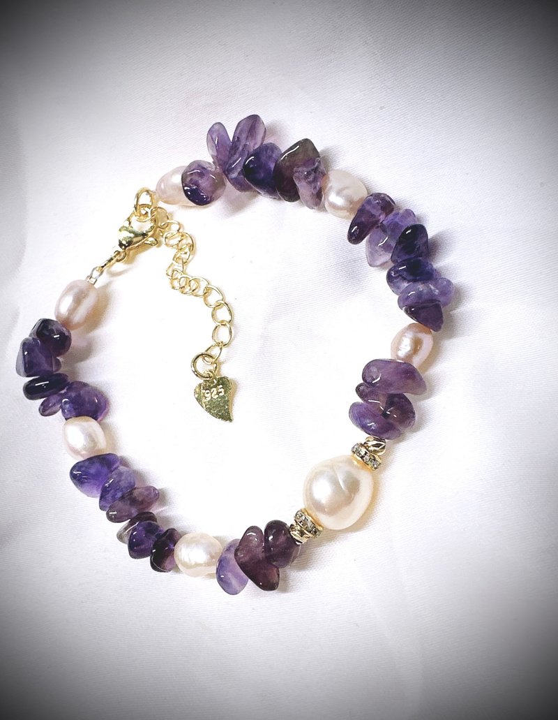 C&W 日本进口天然淡水巴洛克粉肤色珍珠天然油润紫水晶18k金手链 - 手链/手环 - 珍珠 金色