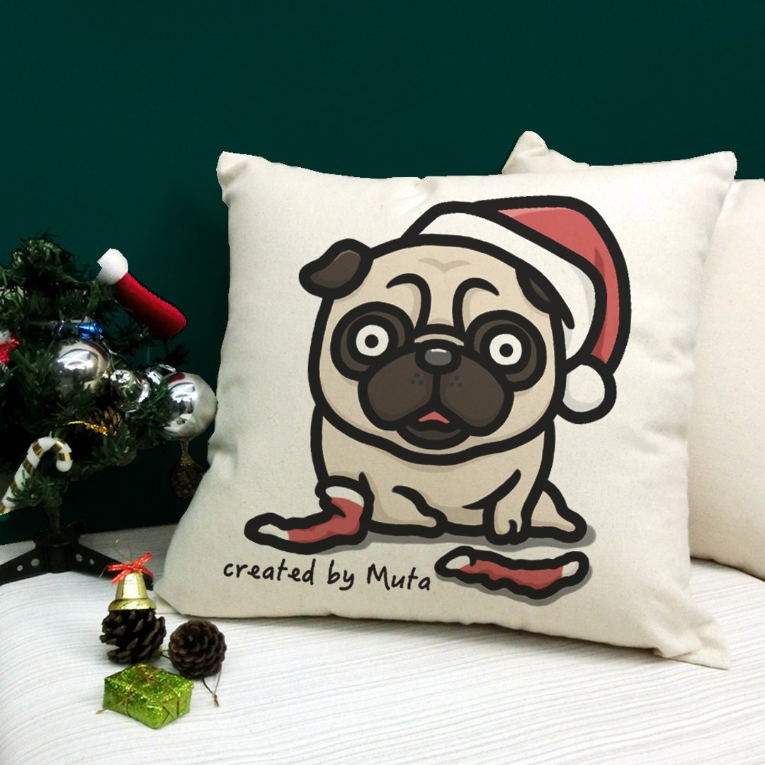【圣诞礼物】XMAS巴哥 纯棉双色帆布抱枕 - 枕头/抱枕 - 棉 
