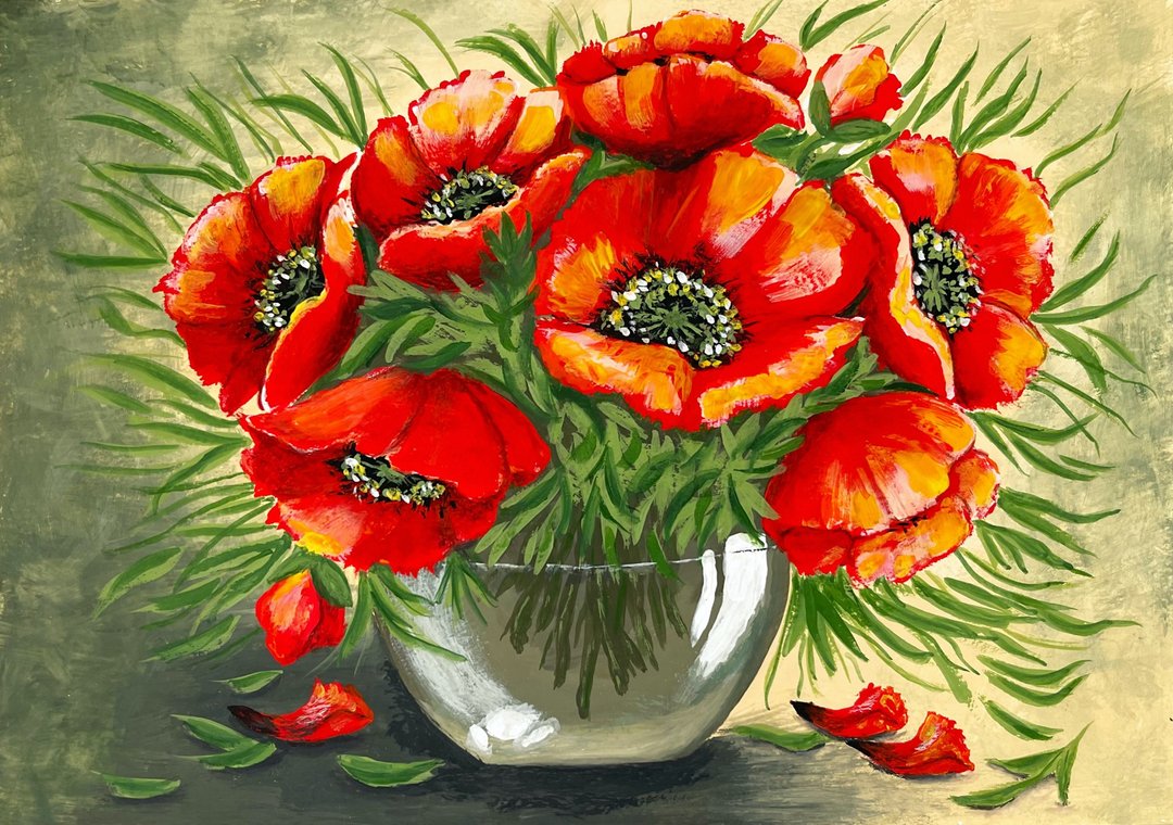 Poppy bouquet in sunlight. Painting Gouache. - 墙贴/壁贴 - 纸 