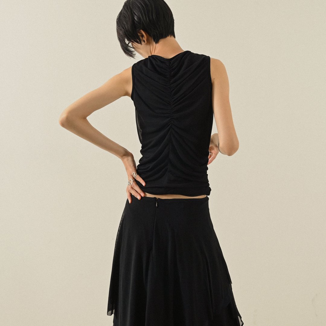 【NaSuBi Vintage】垂坠打褶纱质古着上衣 - 女装背心 - 其他人造纤维 黑色