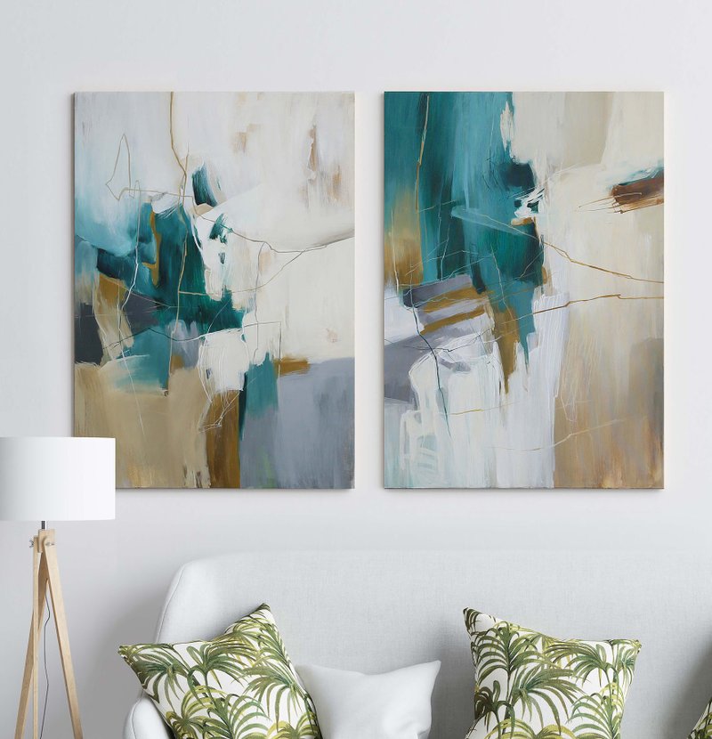 蓝绿双联画 |蓝绿双联画墙面艺术 | 绿色套装 2 抽象 | 旋律套装 - 墙贴/壁贴 - 棉．麻 绿色