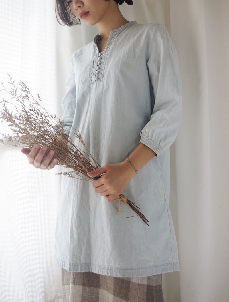 4.5studio-寻宝古着-水洗浅蓝色棉质立领牛仔洋装 - 洋装/连衣裙 - 聚酯纤维 蓝色