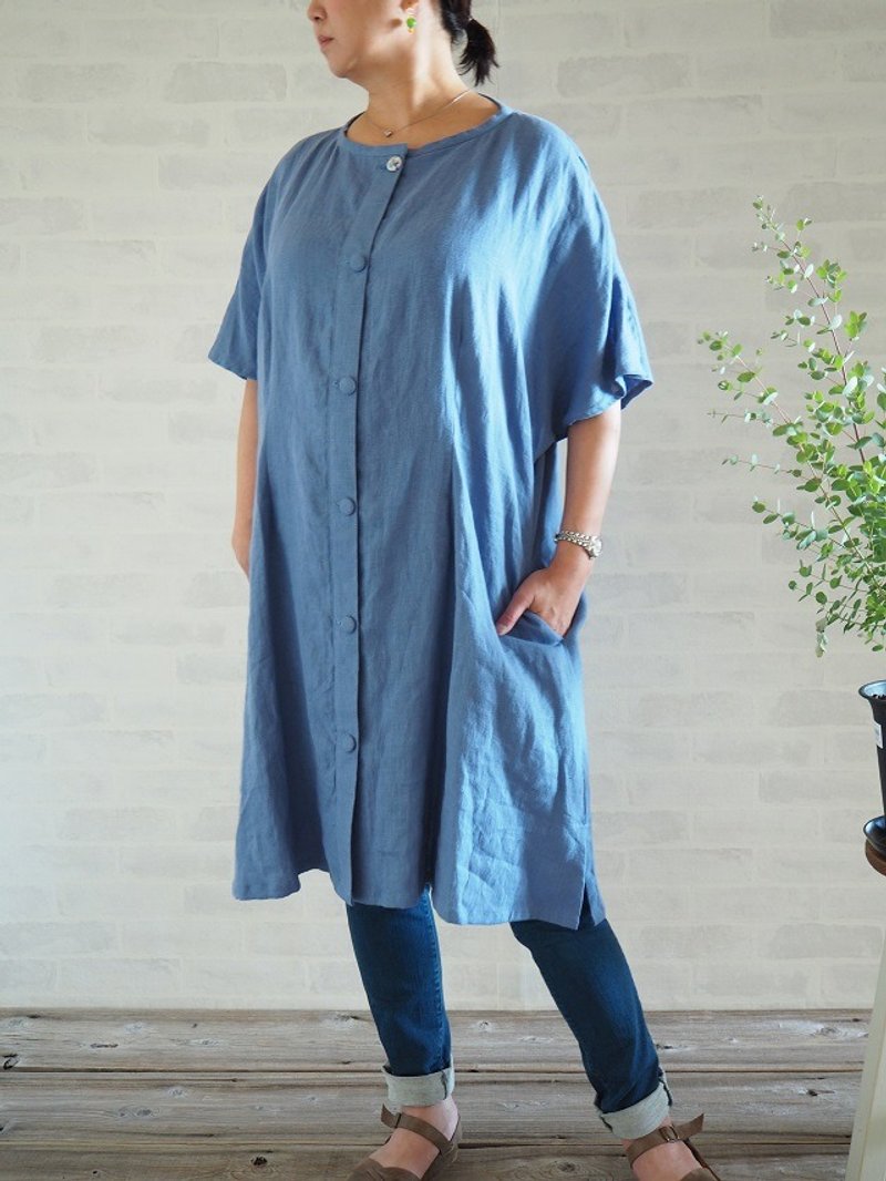Dolman One Piece Short Sleeve Lithuania Linen Blue - 洋装/连衣裙 - 棉．麻 蓝色