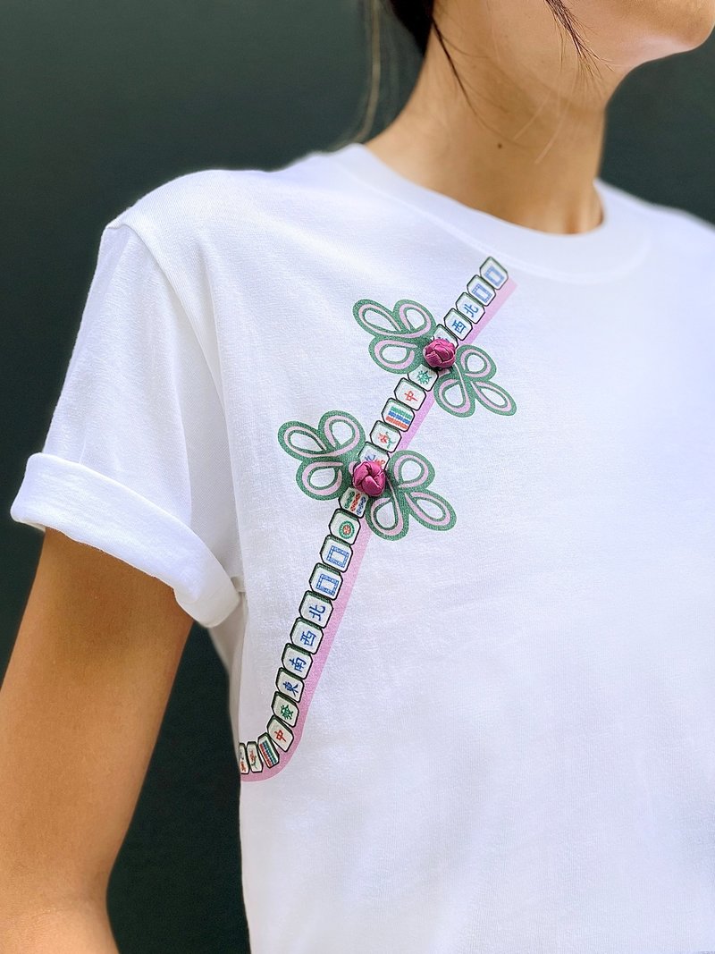 PETRA 麻雀图案中式花钮印花白T恤( 紫色) - 女装 T 恤 - 棉．麻 白色