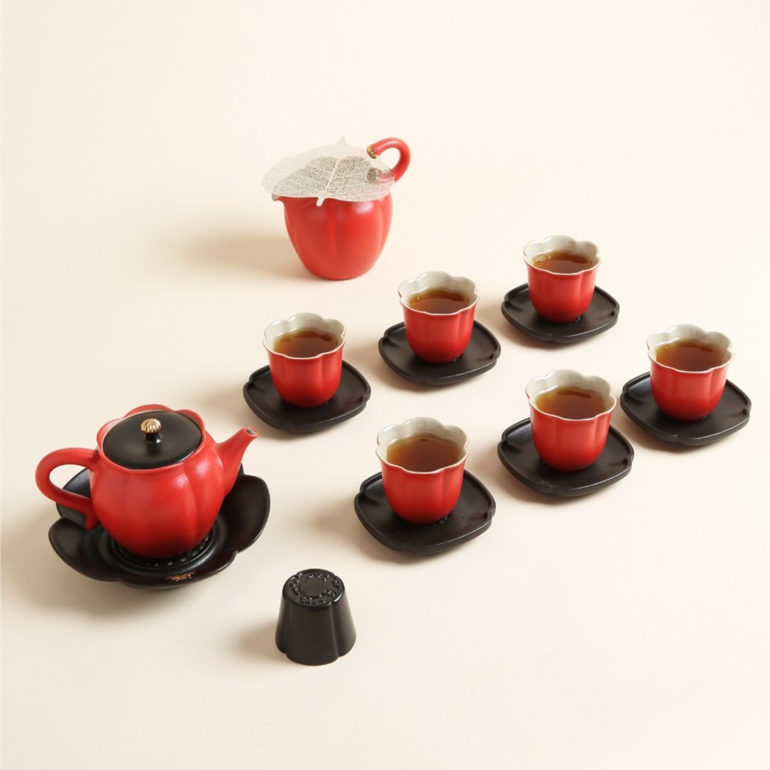 陆宝 吉相伴茶礼 描金菊钮富贵红茶具组 一壶一海六杯 - 茶具/茶杯 - 陶 红色