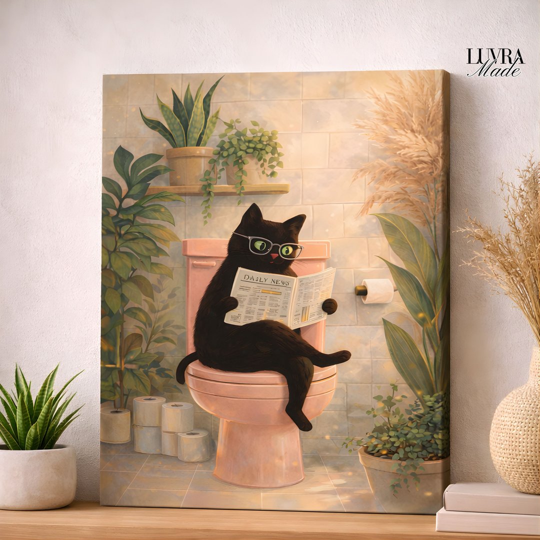 搞笑黑猫浴室挂画, 可爱猫咪马桶插画, 趣味家居墙面装饰 - 墙贴/壁贴 - 棉 