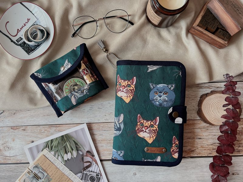 复古猫咪B6手帐书套/活页书套/透明收纳包 - 笔记本/手帐 - 棉．麻 绿色