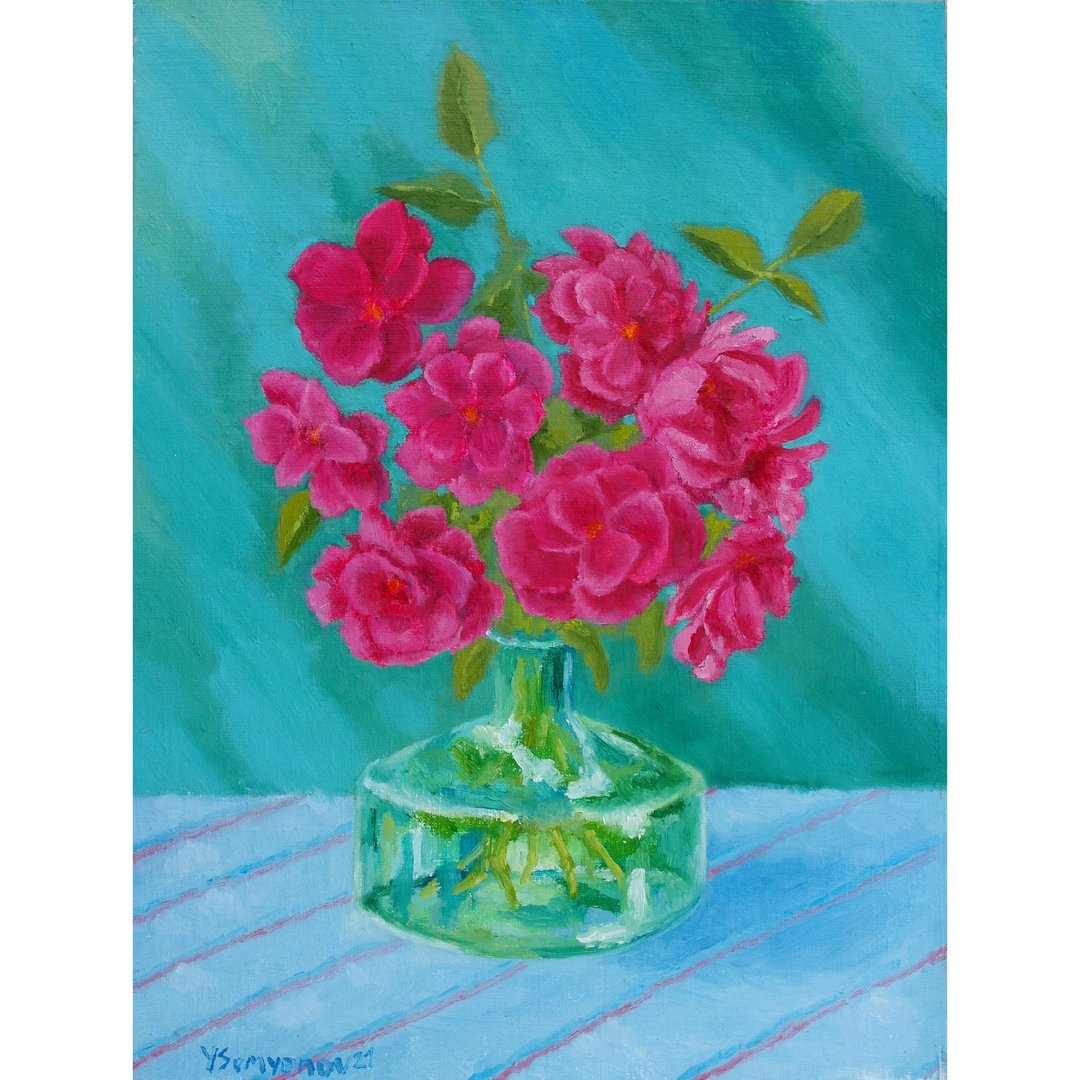 Magenta Garden Roses Original Art Oil Painting Wall Decor Beautiful Magenta Rose - 海报/装饰画/版画 - 其他材质 多色