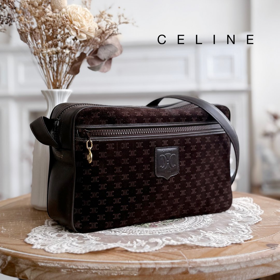 稀有极美品 CELINE Vintage 古董咖啡绒面皮革拉链长方侧肩背包 - 侧背包/斜挎包 - 真皮 咖啡色