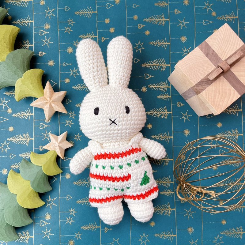 荷兰 Just Dutch | Miffy 米飞兔 编织娃娃和她的圣诞吊带裤 - 玩偶/公仔 - 棉 白色