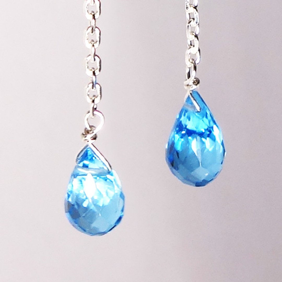 极致蓝色调・蓝托帕水滴・树脂耳夹 SV925【Pio Parakee】Blue topaz briolette - 耳环/耳夹 - 宝石 蓝色
