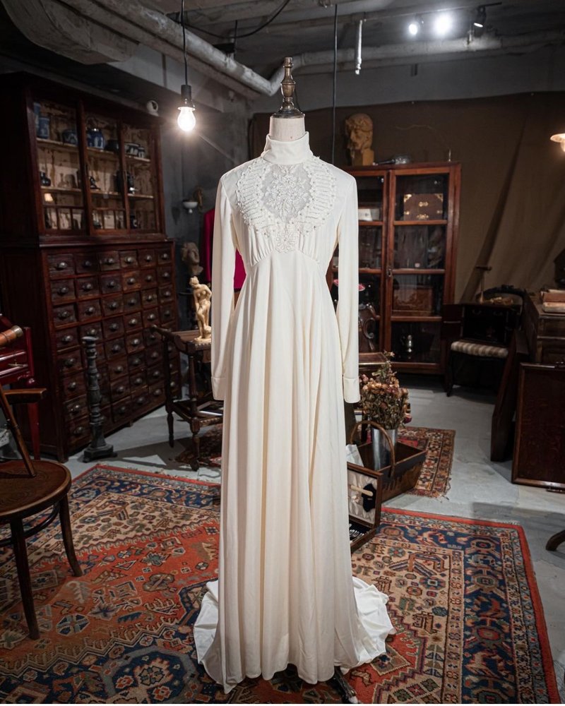 50年代高领长袖古董婚纱 - 晚装/礼服 - 棉．麻 黄色