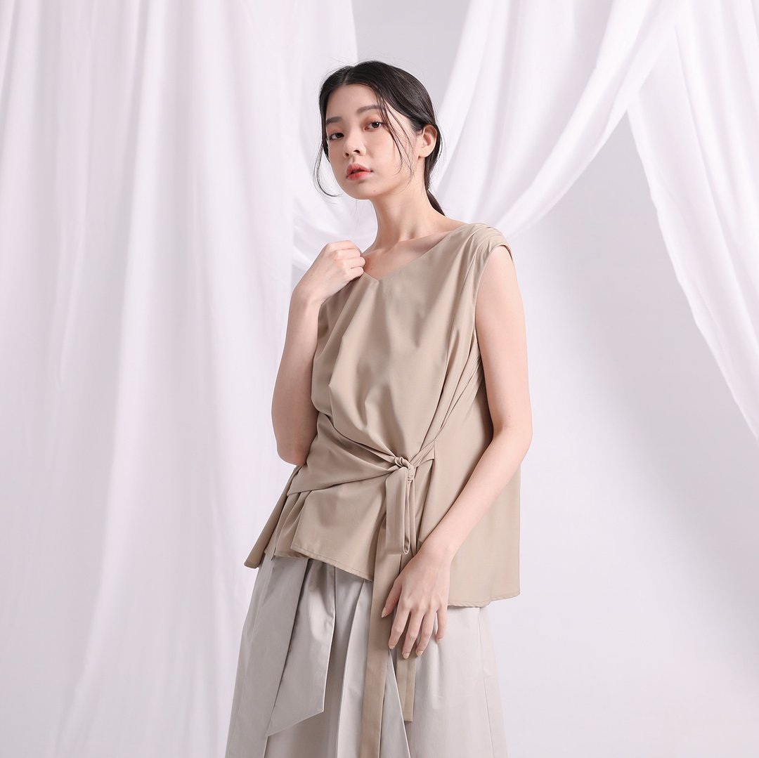 Lianyi_涟漪绑带背心_21SF004_疗愈绿 - 女装背心 - 棉 卡其色