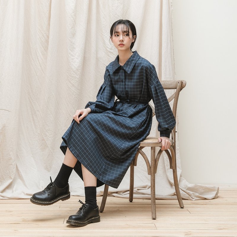 【经典原创】Peaceful_宁静法式洋装_CLD510_深绀格 - 洋装/连衣裙 - 棉．麻 蓝色